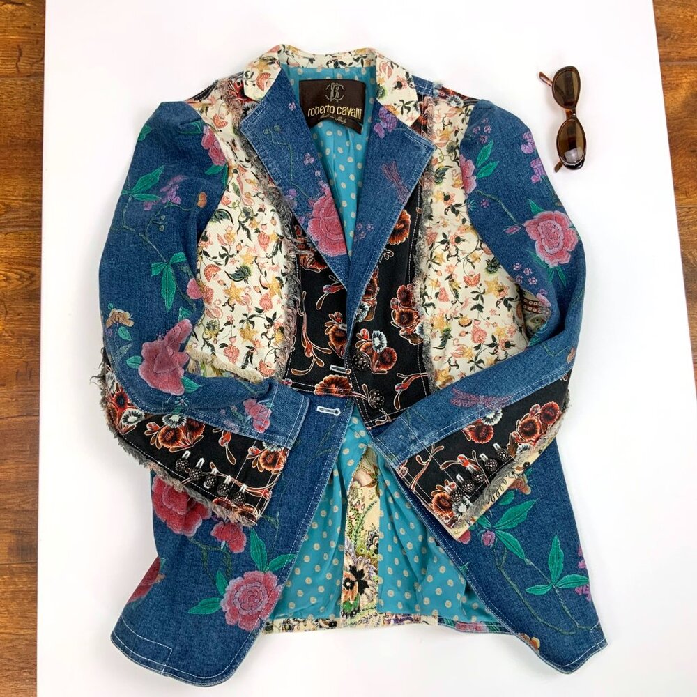 Roberto Cavalli Denim Patchwork Luxury Boho Glam Jacket Italy Sz 46(10-12) - Picture 10 of 16